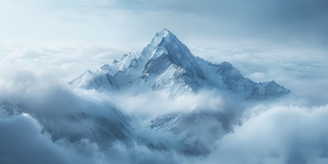 Obraz premium A mountain peak breaking through clouds, surrounded by negative space