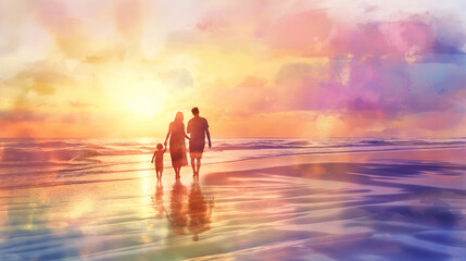 Fototapeta premium Happy family enjoying a leisurely walk on a beach