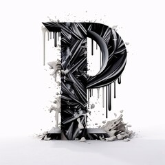 Broken black letter P uppercase. 3D rendering isolated on white background