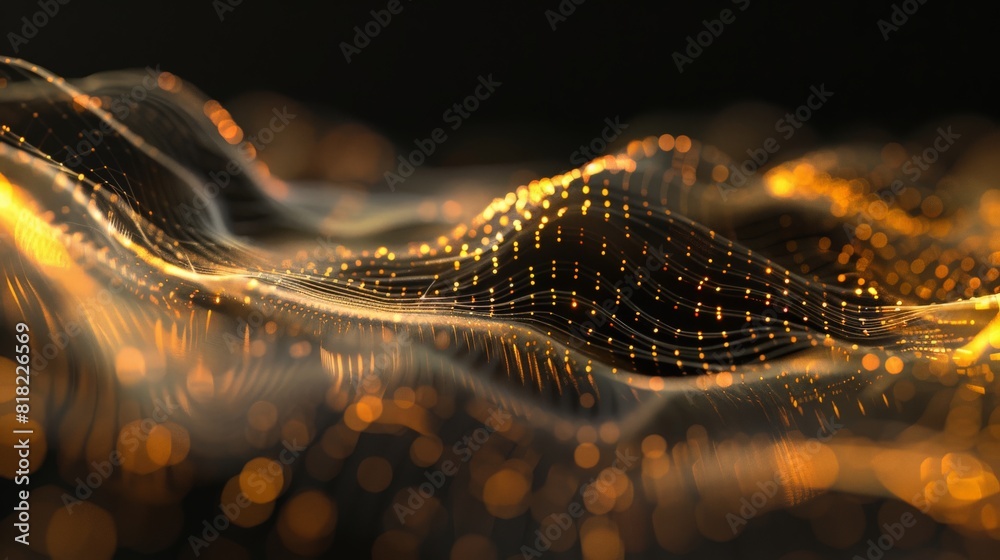 Poster vibrant blue digital network waves with glowing nodes. suitable for technology and network themes