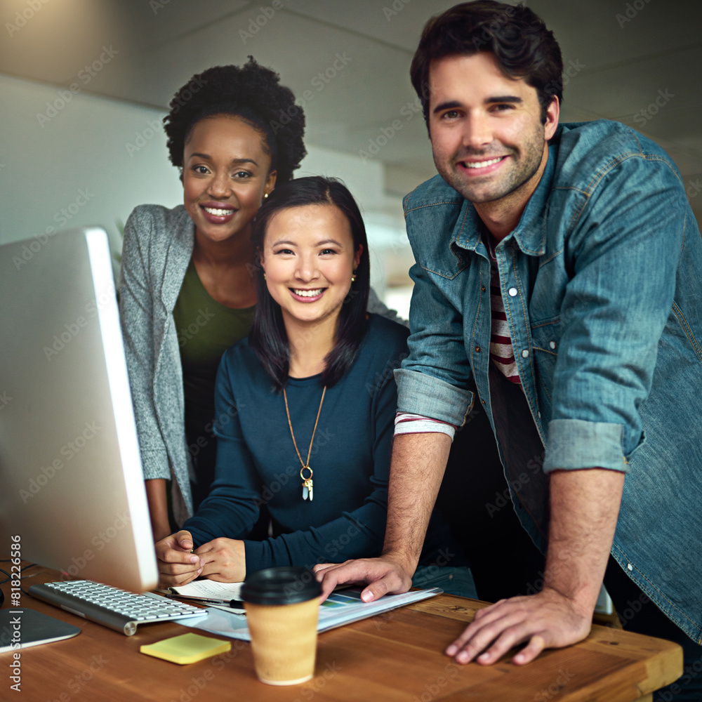 Poster Portrait, people and teamwork on computer with office diversity and smile for meeting and project collaboration. Graphic designer group on desktop for brainstorming and planning at startup agency