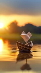 A miniature wooden boat with a paper sail shaped like a heart, floating on a tranquil pond at dawn. 32k, full ultra HD, high resolution