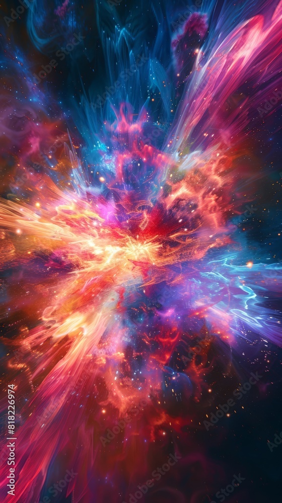 Poster Vibrant galactic core explosion with rich colors and dynamic textures, suitable for sci-fi and space-themed visuals
