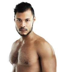 Fototapeta premium Studio, athlete and portrait of man, serious and abs from exercise, workout and gym for fitness. White background, body builder and person with muscle, training and practice with results for wellness