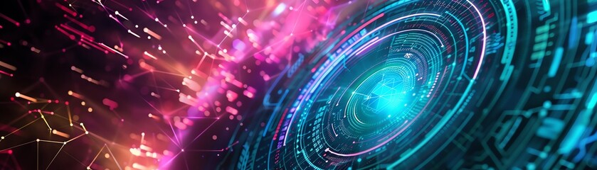 Fototapeta premium Futuristic cyberspace interface with vibrant lights, abstract technology background featuring digital data and neon elements.