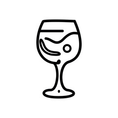 A minimalist illustration of a glass glass with floating elements, set in a black outline against a clear background, creates a stylish and elegant image.