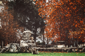 Ancient ruins with autumn foliage in background