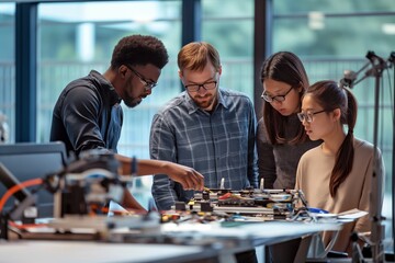 Diverse team of engineers collaborating on a robotics project in a modern lab.