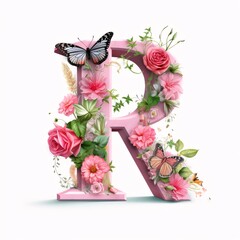 Alphabet letter R with flowers, leaves and butterfly isolated on white background