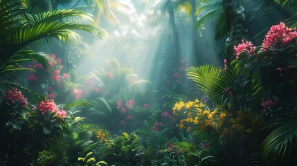 Obraz premium green jungle landscape with a crystal-clear river teeming with colorful tropical fish