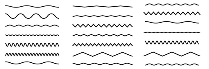 Wave line and wavy zigzag pattern lines. Vector black underlines, smooth end squiggly horizontal curvy squiggles on white background.