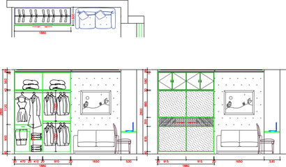 Vector illustration sketch of bedroom interior wardrobe design with complete furniture