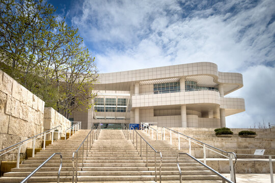 Los Angeles, USA - March 30, 2024: Entrance hall at the Getty Center against blue sky with clouds