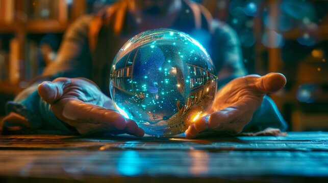 Magic blue ball on a wooden table, made in fantasy style with magical elements
