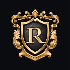 Luxury golden shield with letter R on a black background.