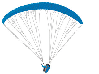 paragliding sport, glider flying with blue fabric wing isolated on a white background
