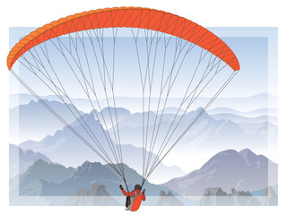paragliding sport, glider flying with a red fabric wing in the sky with mountains below in the background