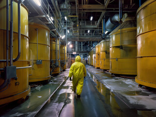 man is working on the process of nuclear waste management and disposal within a nuclear power plant