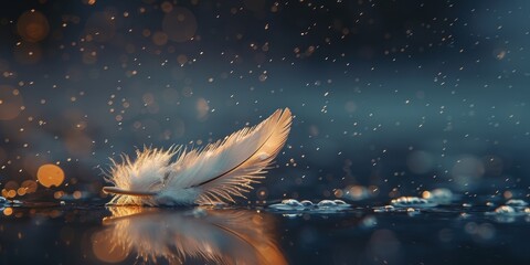 A single feather floating in the air with negative space