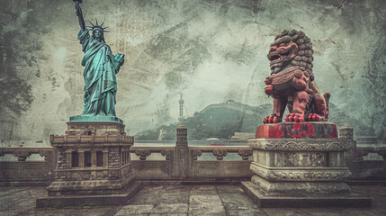 Statue of Liberty and Chinese lion, USA vs China