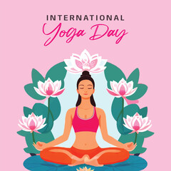 International Yoga day vector illustration with ladies doing yoga poses with lotus and green leaves