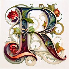 Vintage floral capital letter R. 3D render, 3D illustration.