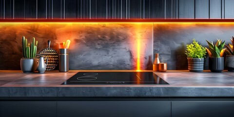 Black induction hob stands out on modern gray countertop with stylish backsplash. Concept kitchen design, modern appliances, contemporary style, interior decor