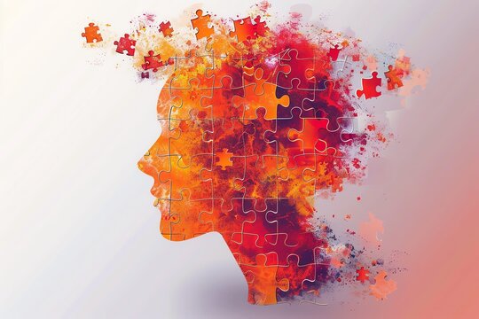 Vector line human head with puzzle, psychotherapy concept, soft light