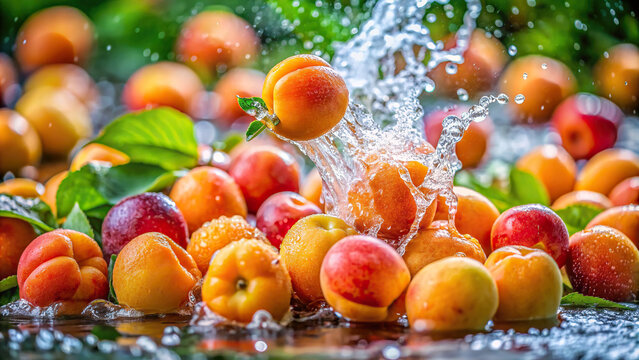 Ripe apricots being washed under a stream of water, with splashes highlighting their vibrant color and freshness 