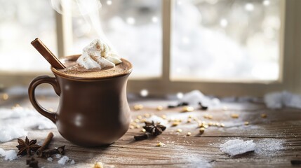 A steaming mug of hot chocolate with a cinnamon stick and a dollop of whipped cream, set on a...