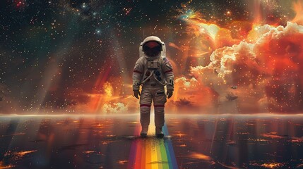 An astronaut in space with rainbow, Abstract wallpaper of an astronaut in space with rainbow, Colorful art of astronaut in the space