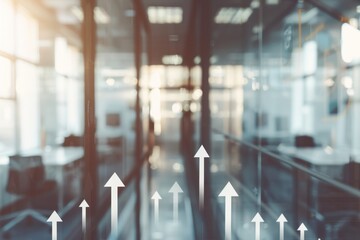 Obraz premium A blurred background of an office with arrows pointing upwards, representing growth and progress in business Generative AI