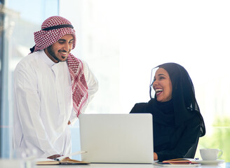 Muslim, people and coworking teamwork on project and mentor help on laptop in Dubai office. Arab,...