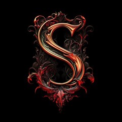 Symbol S with abstract ornament on black background. Computer generated 3D photo rendering.