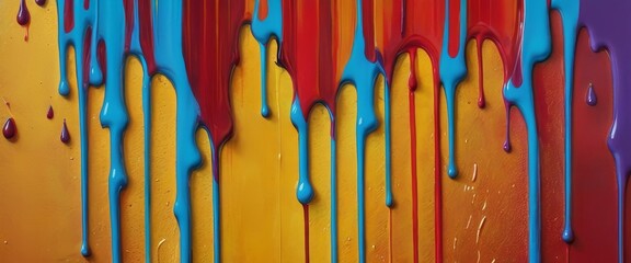 Vivid drips of blue and red paint cascading over a bright yellow backdrop, showcasing a dynamic and creative abstract painting.