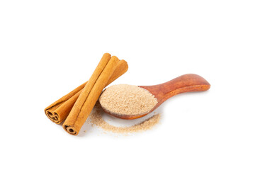 Cinnamon sugar isolated on white background. Homemade cinnamon sugar in a bowl on background. Brown sugar. Spice mixture for drinks and baking. Place for text. Copy space.