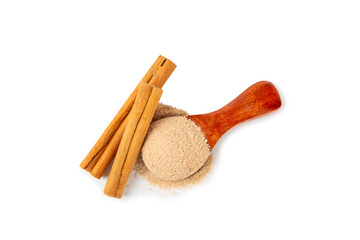 Cinnamon sugar isolated on white background. Homemade cinnamon sugar in a bowl on background. Brown sugar. Spice mixture for drinks and baking. Place for text. Copy space.