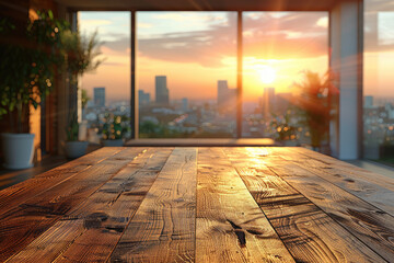Table in a room, Closeup shot with beautiful sunset view. Created with Ai