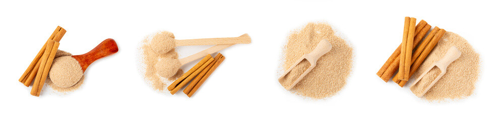 Cinnamon sugar isolated on white background. Homemade cinnamon sugar in a bowl on background. Brown sugar. Spice mixture for drinks and baking. Place for text. Copy space.