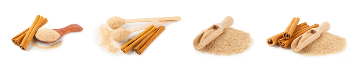 Cinnamon sugar isolated on white background. Homemade cinnamon sugar in a bowl on background. Brown sugar. Spice mixture for drinks and baking. Place for text. Copy space.