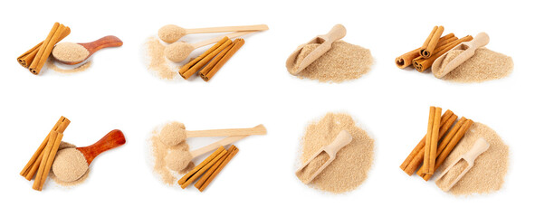 Cinnamon sugar isolated on white background. Homemade cinnamon sugar in a bowl on background. Brown sugar. Spice mixture for drinks and baking. Place for text. Copy space.