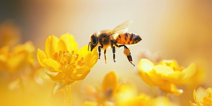 Close-up macro of bee on yellow flower. Honey bee collects nectar. Flying large honeybee collecting bee pollen from flowers blossom. Blur natural background. Sunny bright day. Summer and spring. - Powered by Adobe