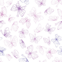 Butterflies are pink, blue, lilac, flying, delicate line art, clip art. Graphic illustration hand drawn in pink, lilac ink. Seamless pattern EPS vector.