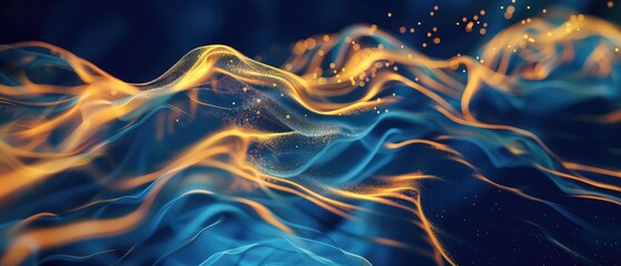 Fototapeta premium futuristic dynamic data flow illustration featuring blue abstract background with gold color light trails for technology concept bright energy stream
