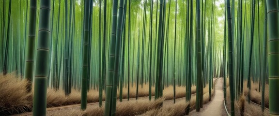 A serene path winds through a dense bamboo forest, with towering green stalks creating a peaceful, otherworldly atmosphere.