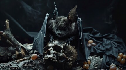 strange alien mutant bat sitting on shiny skull