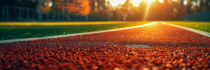 Sunset Illuminated Track Field with Close Up of Red Surface in Autumn Setting