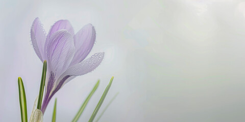 Purple Crocus Flower With Dew Drops Against Soft Pastel Background