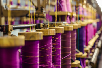 Close Up of Vibrant Purple Threads on Spools in Industrial Textile Manufacturing