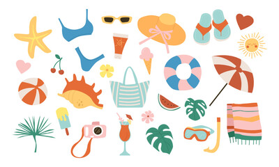 Cute Summer Elements Set: Swimsuit, Umbrella, Towel, Drink, Ice Cream. Bright Summertime Poster. Hand Dawn Vector Illustration.